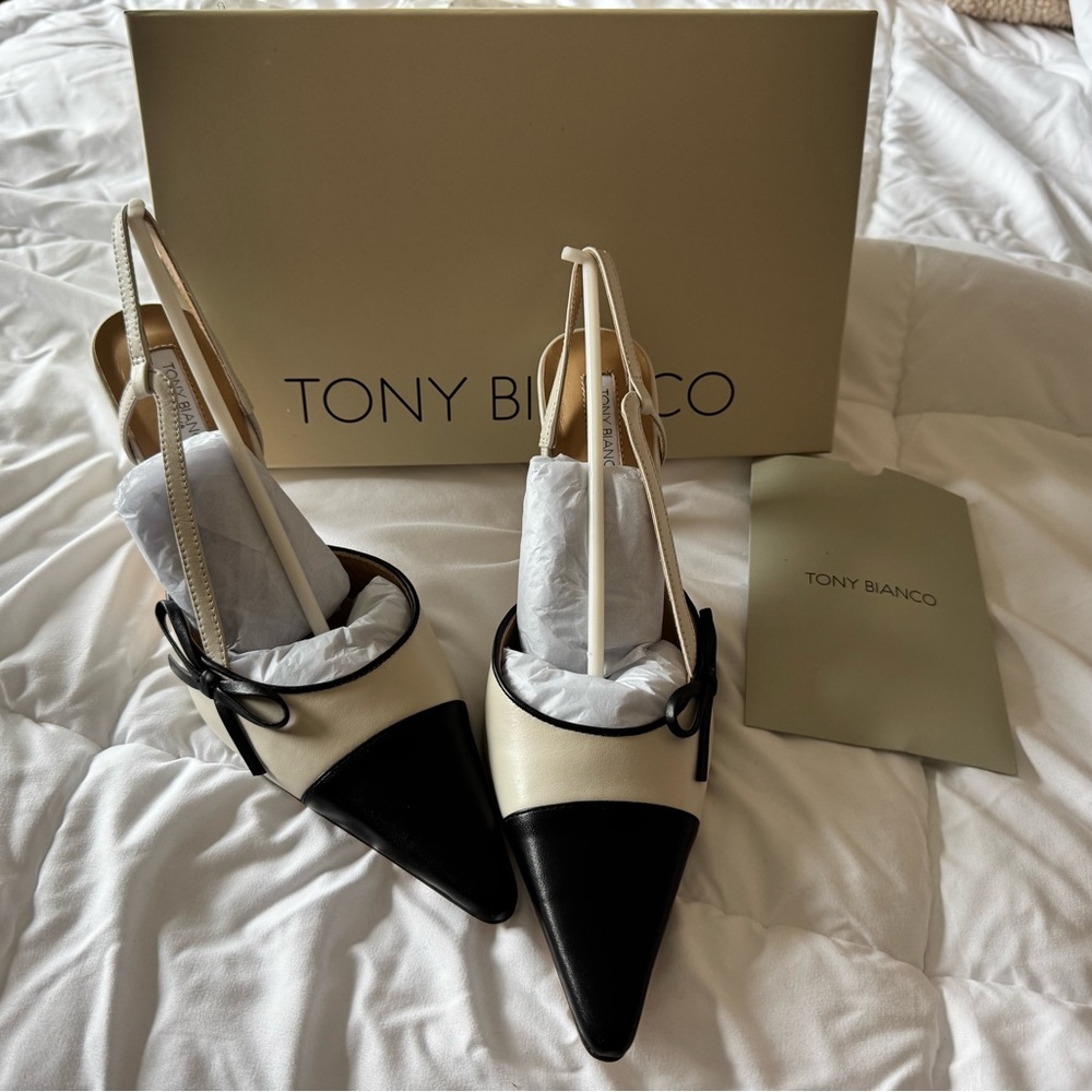 Tony Bianco Two-Tone Slingback Pointed Toe Heel - Bone & Black - Picture 2 of 5